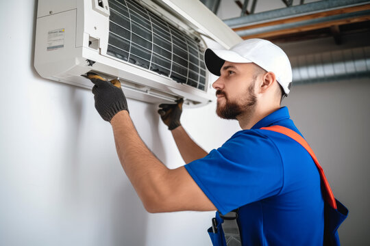 HVAC technician installing a mini split air conditioner in Reedley