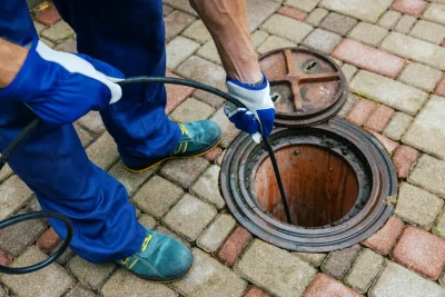 Plumber cleaning an outdoor sewer drain in Reedley