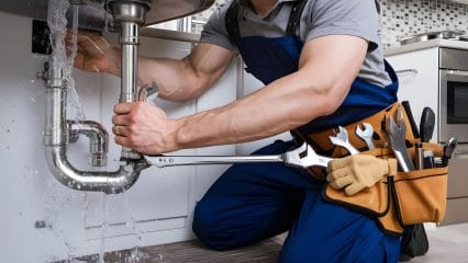 Plumber repairing pipes beneath a sink in Reedley